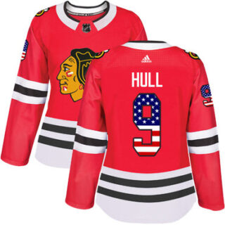 Women's Chicago Blackhawks #9 Bobby Hull Red Home Authentic USA Flag Stitched NHL Jersey