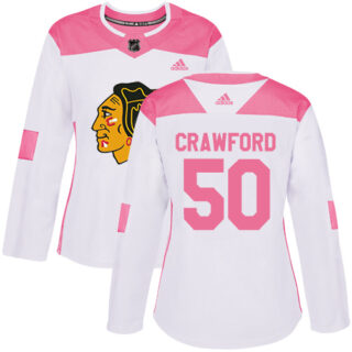 Women's Chicago Blackhawks #50 Corey Crawford White Pink Authentic Fashion Stitched NHL Jersey
