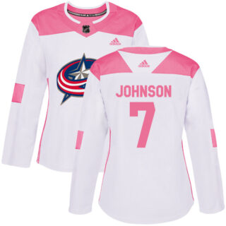 Women's Columbus Blue Jackets #7 Jack Johnson White Pink Authentic Fashion Stitched NHL Jersey