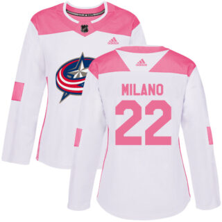 Women's Columbus Blue Jackets #22 Sonny Milano White Pink Authentic Fashion Stitched NHL Jersey