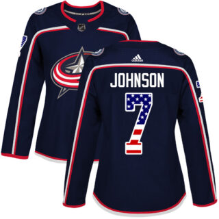 Women's Columbus Blue Jackets #7 Jack Johnson Navy Blue Home Authentic USA Flag Stitched NHL Jersey