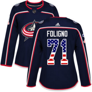 Women's Columbus Blue Jackets #71 Nick Foligno Navy Blue Home Authentic USA Flag Stitched NHL Jersey