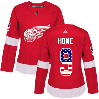 Women's Detroit Red Wings #9 Gordie Howe Red Home Authentic USA Flag Stitched NHL Jersey