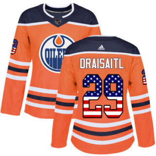 Women's Edmonton Oilers #29 Leon Draisaitl Orange Home Authentic USA Flag Stitched NHL Jersey
