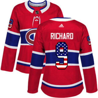 Women's Montreal Canadiens #9 Maurice Richard Red Home Authentic USA Flag Stitched NHL Jersey