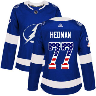 Women's Tampa Bay Lightning #77 Victor Hedman Blue Home Authentic USA Flag Stitched NHL Jersey
