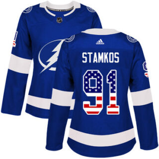 Women's Tampa Bay Lightning #91 Steven Stamkos Blue Home Authentic USA Flag Stitched NHL Jersey