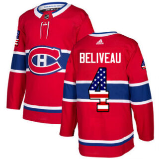 Youth Montreal Canadiens #4 Jean Beliveau Red Home Authentic USA Flag Stitched NHL Jersey