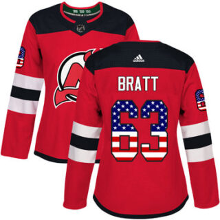 Women's New Jersey Devils #63 Jesper Bratt Red Home Authentic USA Flag Stitched NHL Jersey