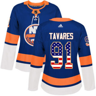 Women's New York Islanders #91 John Tavares Royal Blue Home Authentic USA Flag Stitched NHL Jersey
