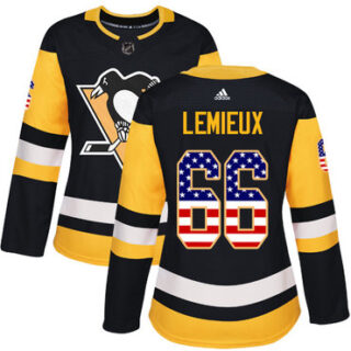 Women's Pittsburgh Penguins #66 Mario Lemieux Black Home Authentic USA Flag Stitched NHL Jersey