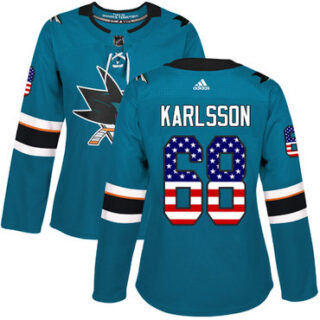 Women's San Jose Sharks #68 Melker Karlsson Teal Home Authentic USA Flag Stitched NHL Jersey