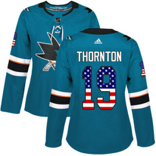 Women's San Jose Sharks #19 Joe Thornton Teal Home Authentic USA Flag Stitched NHL Jersey
