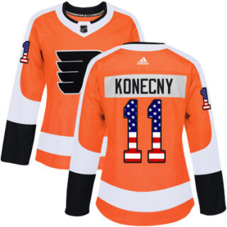 Women's Philadelphia Flyers #11 Travis Konecny Orange Home Authentic USA Flag Stitched NHL Jersey