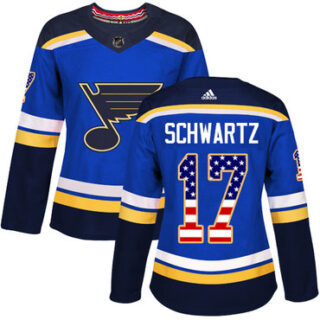 Women's St. Louis Blues #17 Jaden Schwartz Blue Home Authentic USA Flag Stitched NHL Jersey