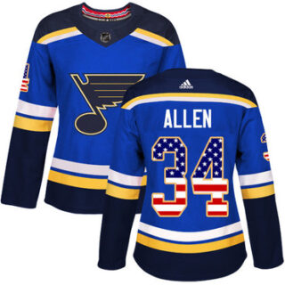 Women's St. Louis Blues #34 Jake Allen Blue Home Authentic USA Flag Stitched NHL Jersey