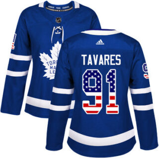 Women's Toronto Maple Leafs #91 John Tavares Blue Home Authentic USA Flag Stitched NHL Jersey