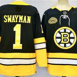 Men's Boston Bruins #1 Jeremy Swayman Black 100th Anniversary Stitched Hockey Jersey