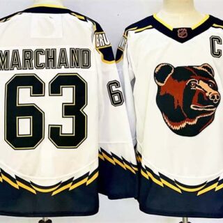 Men's Boston Bruins #63 Brad Marchand White 2024-25 With C Patch Reverse Retro Home Stitched Hockey Jersey