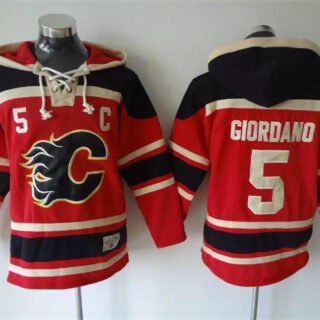 Men's Calgary Flames #5 Mark Giordano Red Black Ageless Must-Have Lace-Up Pullover Hoodie