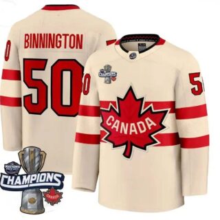 Men's Canada 2025 4 Nations Face-Off Champions Cream Jordan Binnington All Stitched Jersey