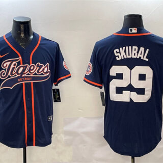 Men's Detroit Tigers #29 Tarik Skubal Navy With Patch Cool Base Stitched Baseball Jersey