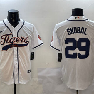 Men's Detroit Tigers #29 Tarik Skubal White With Patch Cool Base Stitched Baseball Jersey