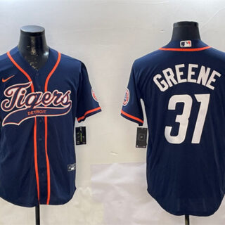 Men's Detroit Tigers #31 Riley Greene Navy With Patch Cool Base Stitched Baseball Jersey