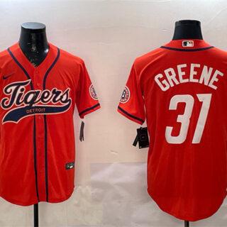 Men's Detroit Tigers #31 Riley Greene Orange With Patch Cool Base Stitched Baseball Jersey