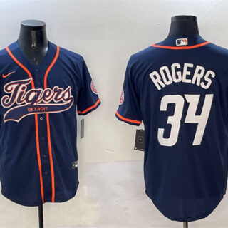 Men's Detroit Tigers #34 Jake Rogers Navy With Patch Cool Base Stitched Baseball Jersey