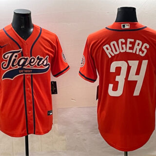 Men's Detroit Tigers #34 Jake Rogers Orange With Patch Cool Base Stitched Baseball Jersey