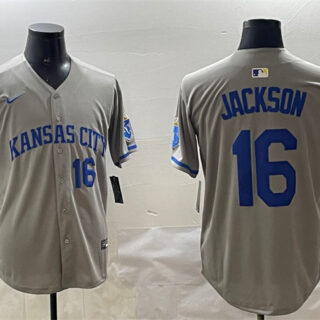 Men's Kansas City Royals #16 Bo Jackson Grey 2024 Away Limited Stitched Baseball Jersey