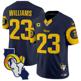 Men's Los Angeles Rams #23 Kyren Williams Navy 2025 4-Star C Patch F.U.S.E. V2 Limited Stitched Football Jersey