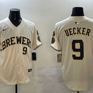 Men's Milwaukee Brewers #9 Bob Uecker Cream With Home Patch Limited Stitched Baseball Jersey