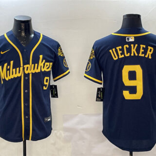 Men's Milwaukee Brewers #9 Bob Uecker Navy With Home Patch Limited Stitched Baseball Jersey