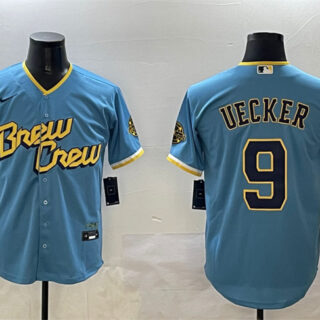 Men's Milwaukee Brewers #9 Bob Uecker Powder Blue City Connect With Patch Cool Base Stitched Jersey