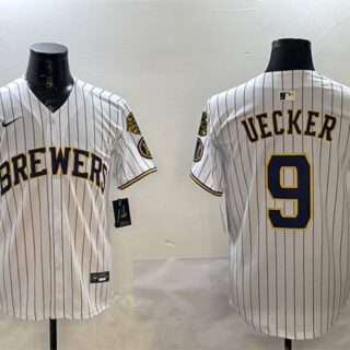 Men's Milwaukee Brewers #9 Bob Uecker White With Home Patch Limited Stitched Baseball Jersey
