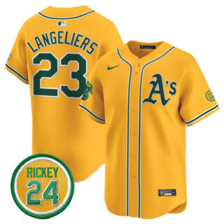 Men's Oakland Athletics #23 Shea Langeliers Yellow 2024 Limited With Rickey Henderson Patch Stitched Jersey