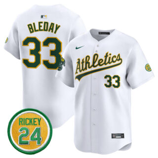 Men's Oakland Athletics #33 JJ Bleday White 2024 Home Limited With Rickey Henderson Patch Stitched Jersey