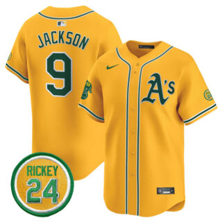 Men's Oakland Athletics #9 Reggie Jackson Yellow 2024 Limited With Rickey Henderson Patch Stitched Jersey