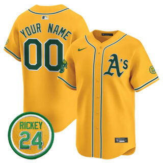 Men's Oakland Athletics Active Player Custom Yellow 2024 Limited With Rickey Henderson Patch Stitched Jersey