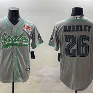 Men's Philadelphia Eagles #26 Saquon Barkley Grey 2025 Super Bowl LIX Patch Cool Base Stitched Baseball Jersey