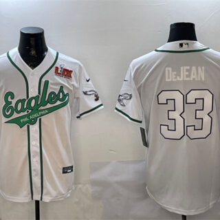 Men's Philadelphia Eagles #33 Cooper DeJean White 2025 Super Bowl LIX Patch Cool Base Stitched Baseball Jersey