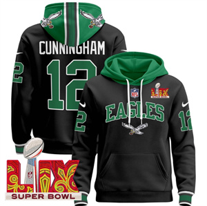 Men's Philadelphia Eagles Super Bowl LIX Patch Pullover Hoodie - All Stitched Black Randall Cunningham 12