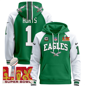 Men's Philadelphia Eagles Super Bowl LIX Patch Pullover Hoodie - All Stitched Kelly Alternate Jalen Hurts 1