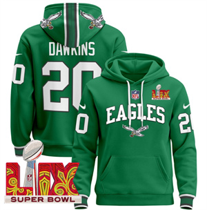 Men's Philadelphia Eagles Super Bowl LIX Patch Pullover Hoodie - All Stitched Kelly Green Brian Dawkins 20