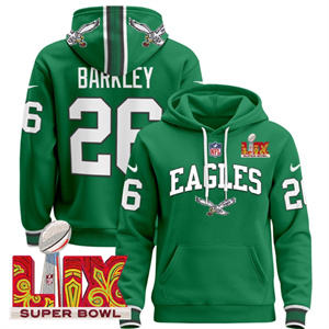 Men's Philadelphia Eagles Super Bowl LIX Patch Pullover Hoodie - All Stitched Kelly Green Saquon Barkley 26