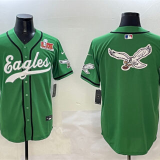 Men's Philadelphia Eagles Team Big Logo Green 2025 Super Bowl LIX Patch Stitched Baseball Jerseys