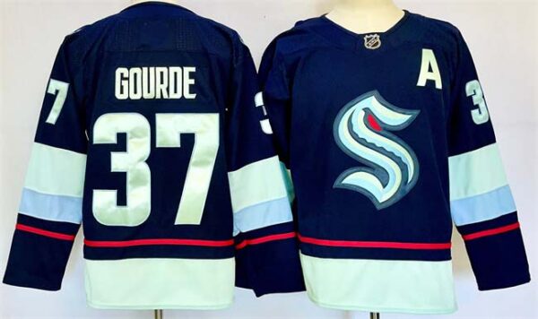 Men's Seattle Kraken #37 Yanni Gourde Navy 2024-25 Home With A Patch Stitched Hockey Jersey