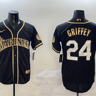 Men's Seattle Mariners #24 Ken Griffey Jr. Black Gold Cool Base Stitched Baseball Jersey